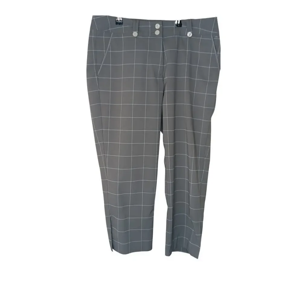 Nike Golf Pants Size 8 Gray Windowpane Plaid Dri-Fit Cropped Capris Activewear